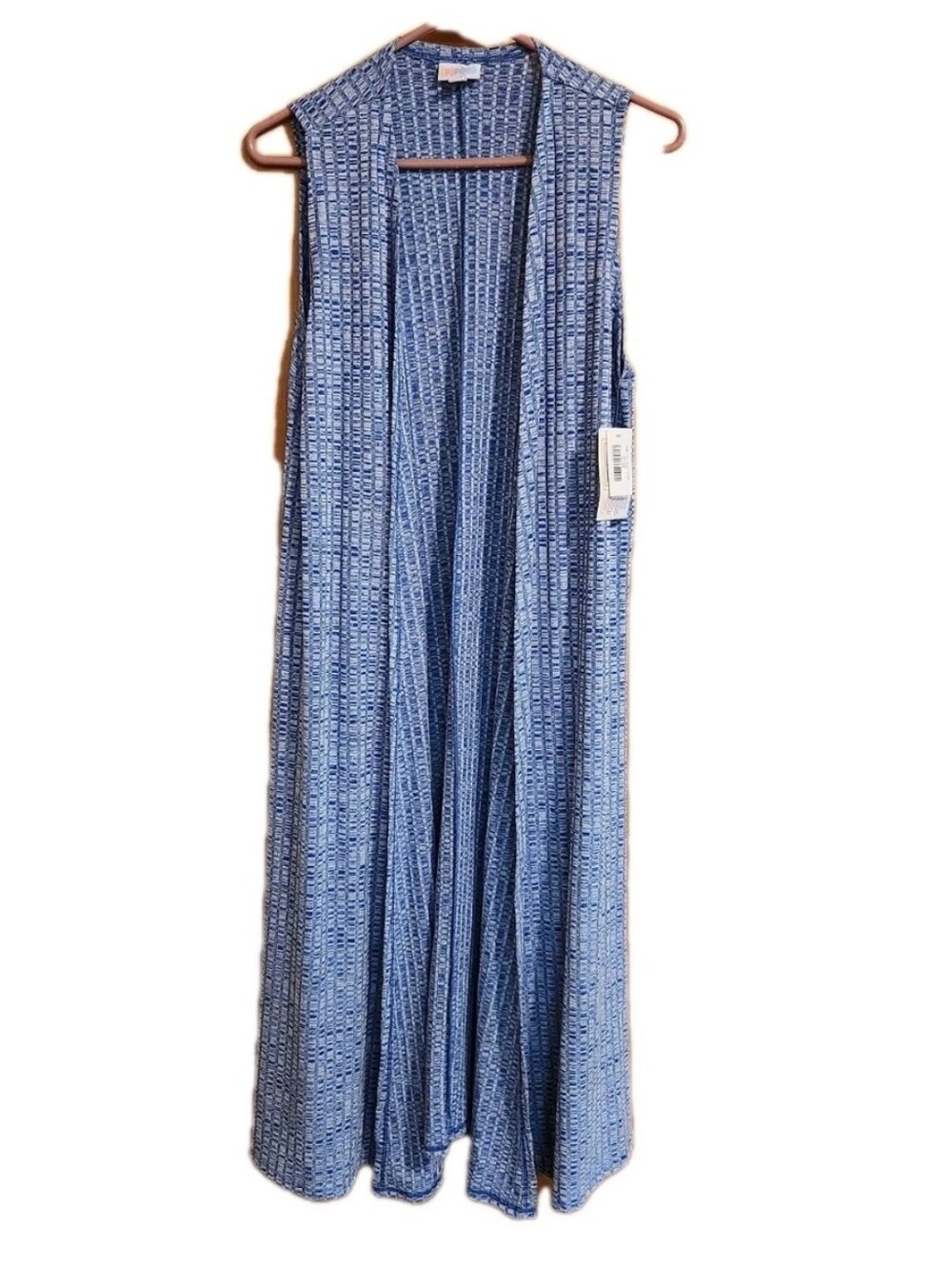 LuLaRoe Joy Long Duster Vest Womens Size S Blue White Ribbed Space Dye Knit NWT